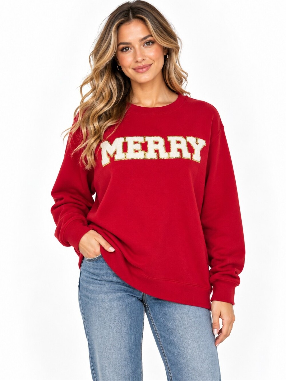 Sweet Wink Merry Christmas Red Sweatshirt Small Chenille Gold Holiday Crewneck